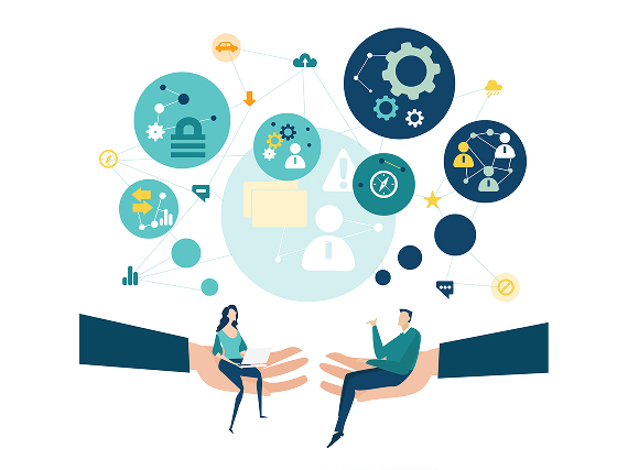 Illustration of people engaged in workplace activities and communication