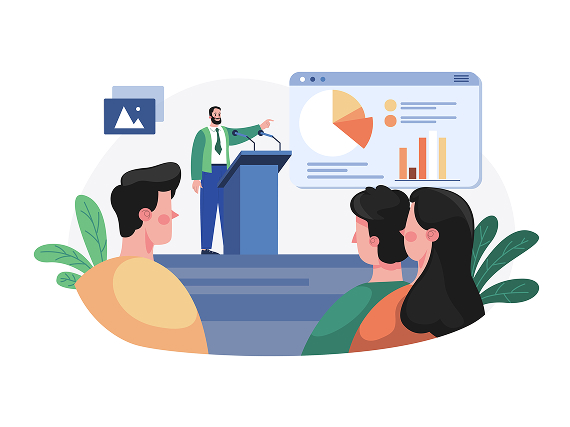 Illustration of a trainer presenting career development information to colleagues