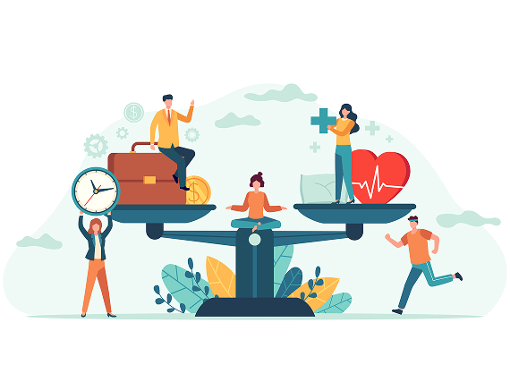 Illustration of people balancing workplace safety, health, and well-being