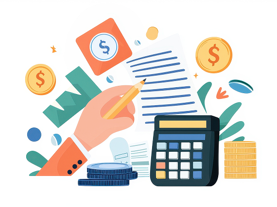 Illustration of a person using a pencil and calculator to review finances