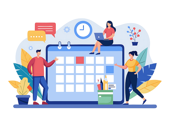 Coworkers planning schedules around a calendar